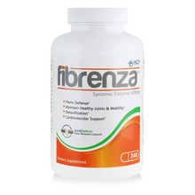 Fibrenza dietary supplement bottle, 500mg, with green and orange accents, labeled for joint health and detoxification.