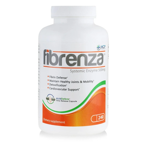 Fibrenza supplement bottle showcasing anti-inflammatory enzymes for health benefits including joint and cardiovascular support.