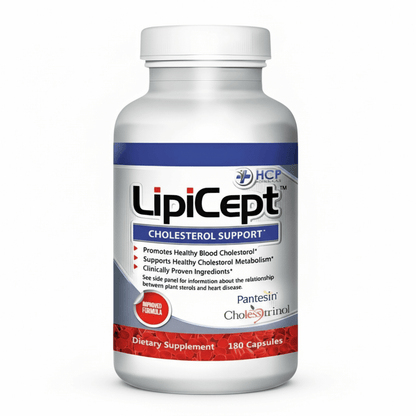 LipiCept - Natural Cholesterol Support supplement bottle promoting healthy cholesterol levels with 180 capsules.