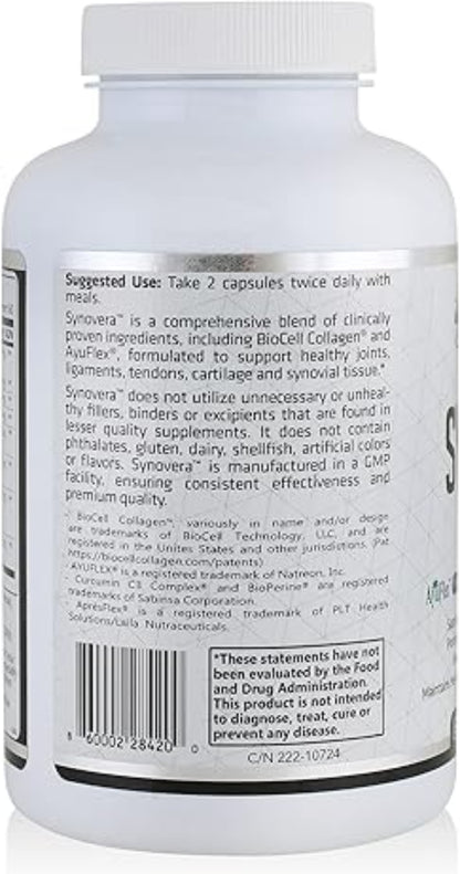 Synovera Directions for Use view of a supplement bottle with text and labels