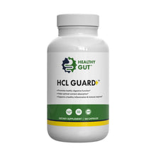 Supplement bottle labeled 'HCL Guard' by 'Healthy Gut' on a white background