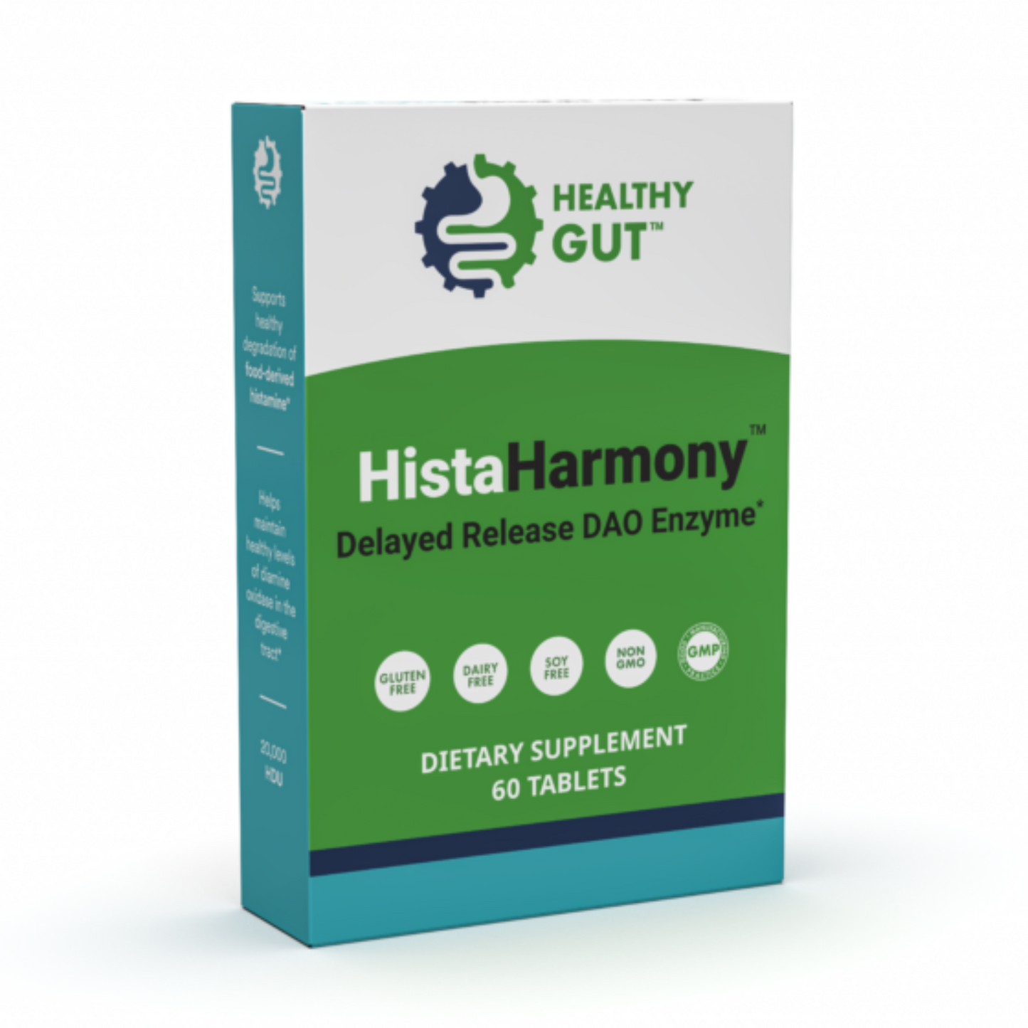 Box of HistaHarmony Delayed Release DAO Enzyme dietary supplement by Healthy Gut on a white background