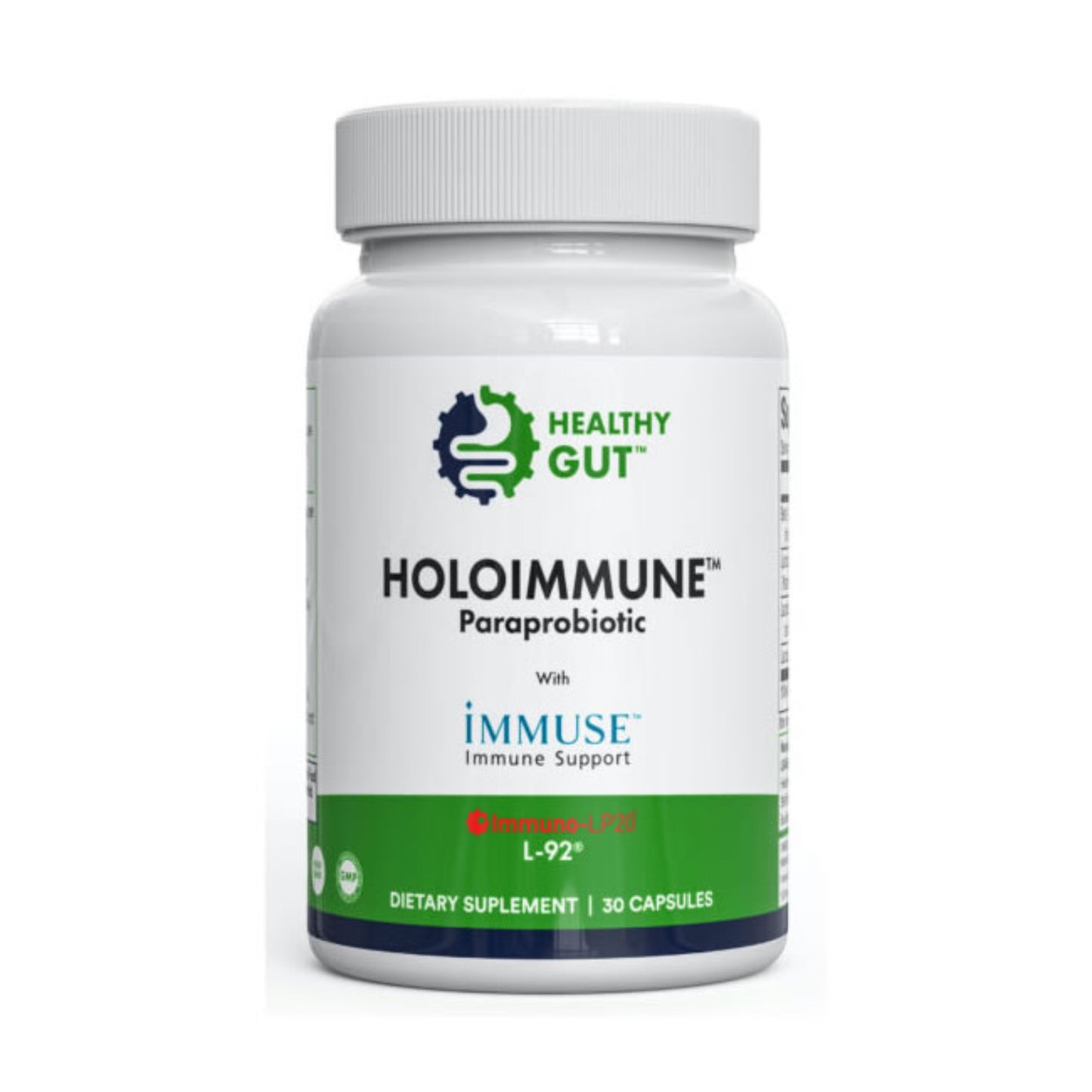 Supplement bottle labeled 'Healthy Gut Holoimmune Paraprobiotic' on a white background
