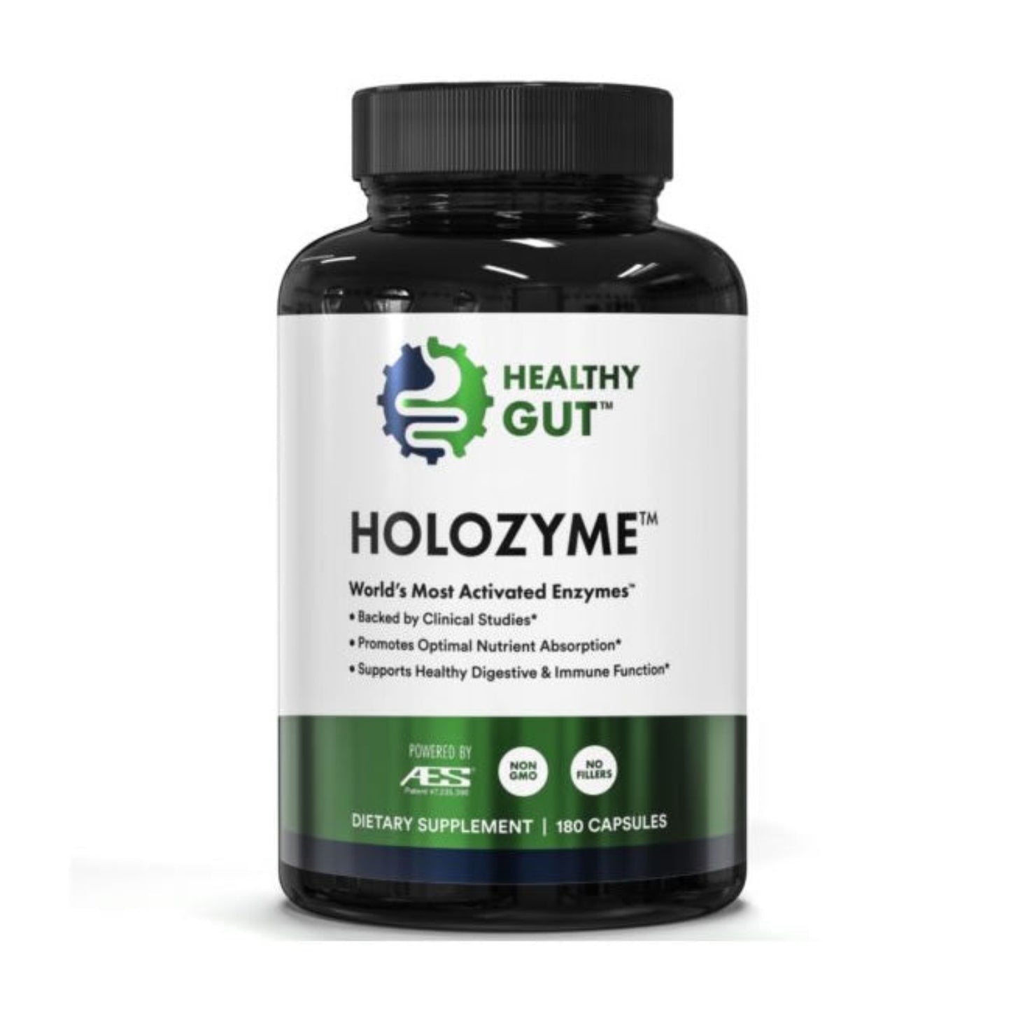 Bottle of HOLOZYME dietary supplement with 'Healthy Gut' branding on a white background