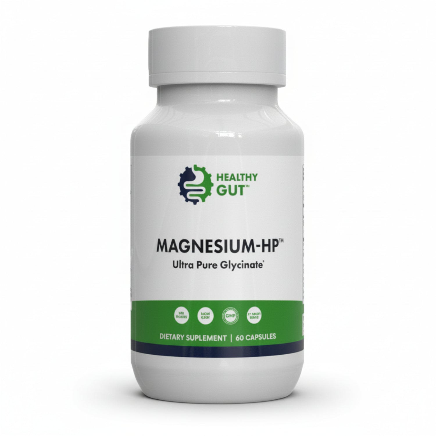 Supplement bottle labeled 'Magnesium-HP' by 'Healthy Gut' on a white background