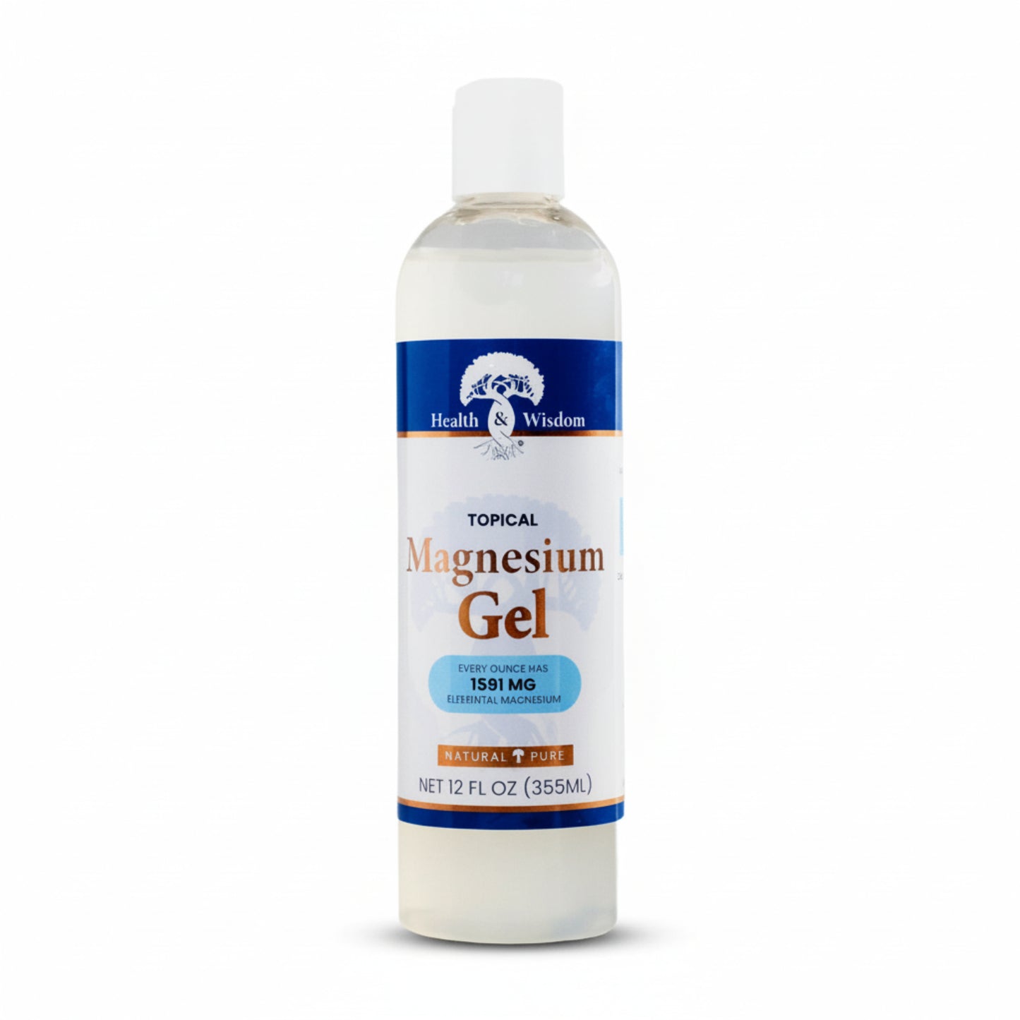Bottle of Health & Wisdom Magnesium Gel 12oz on a white background