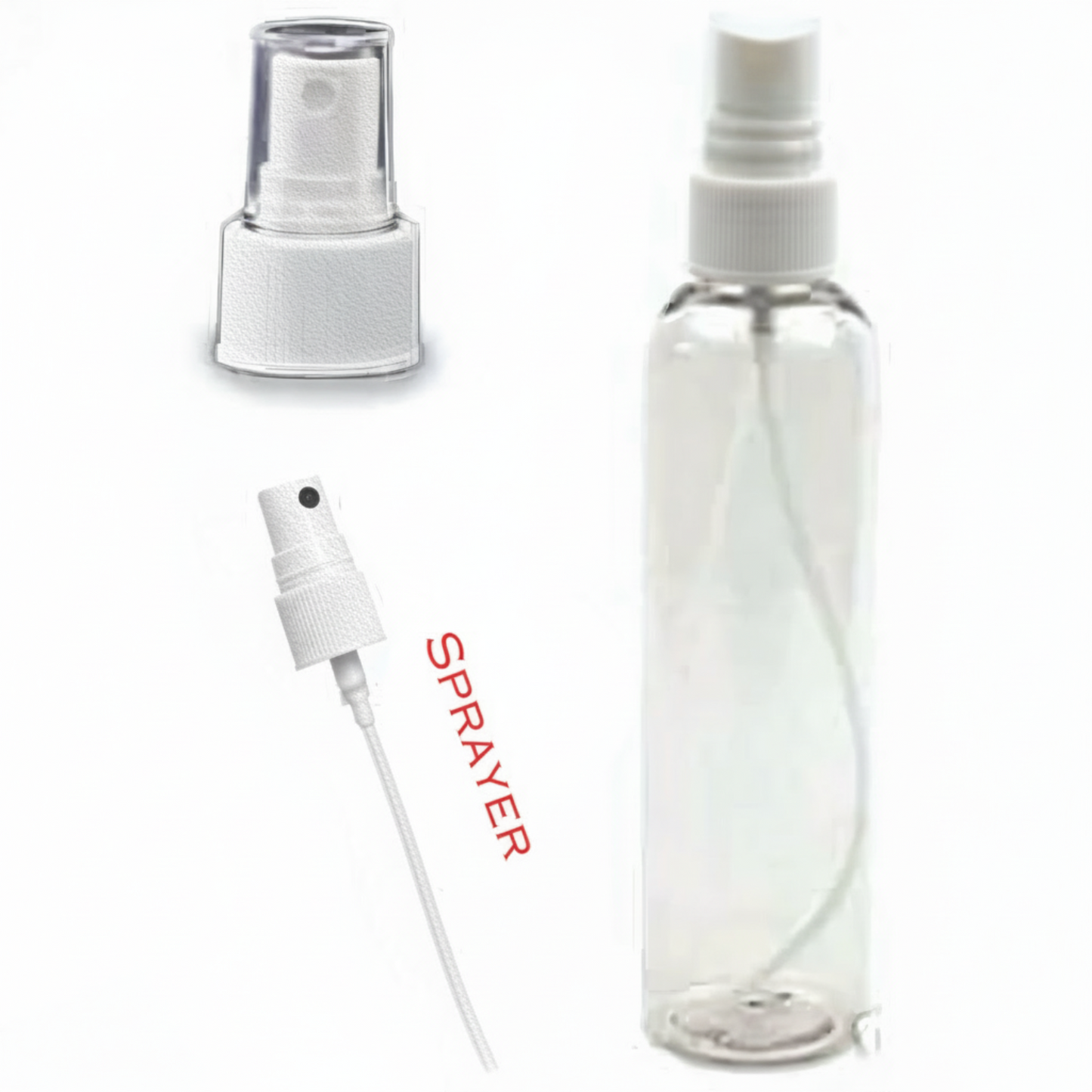 Clear spray bottle with white nozzle on a white background
