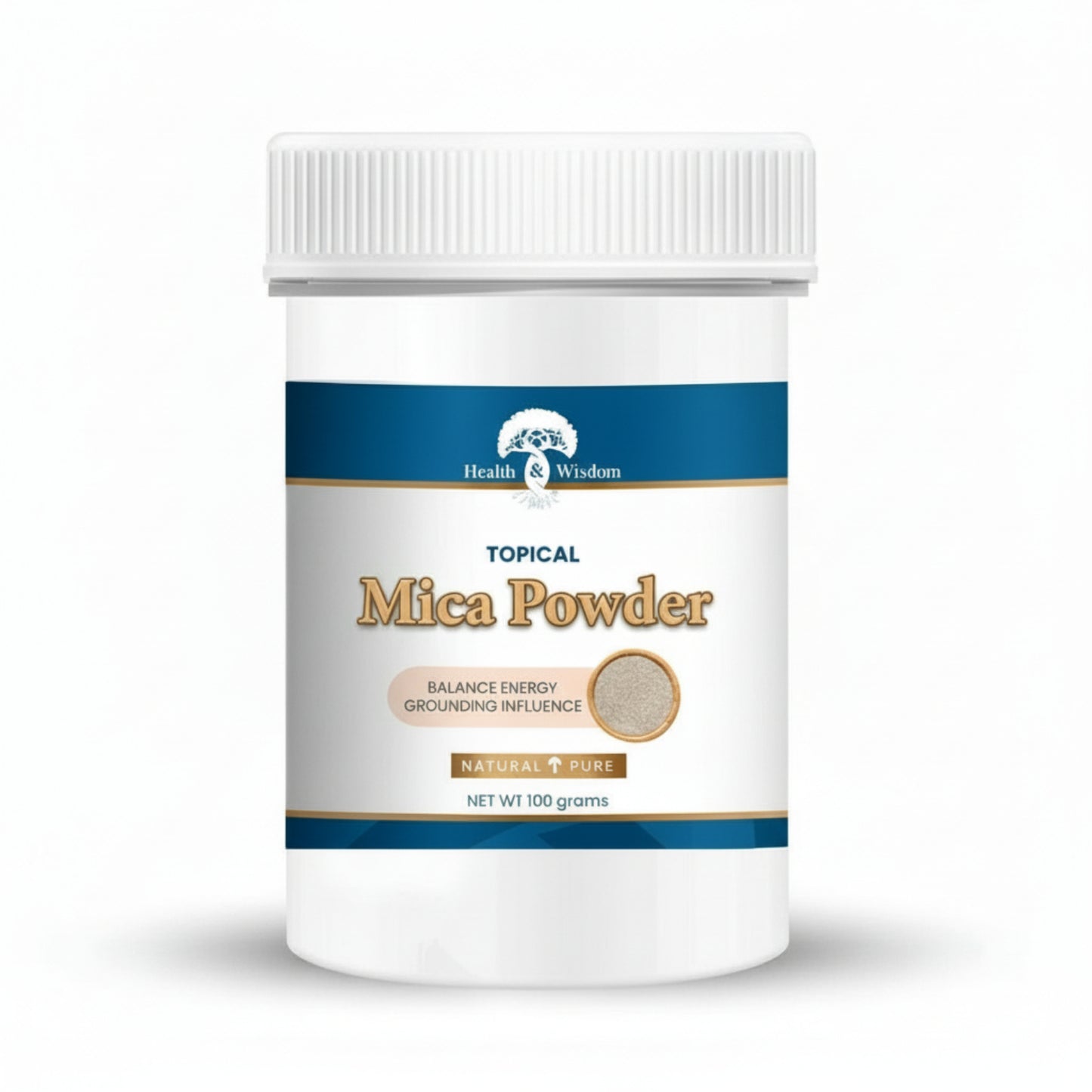 Container of Health & Wisdom Topical Mica Powder 100g  on a white background
