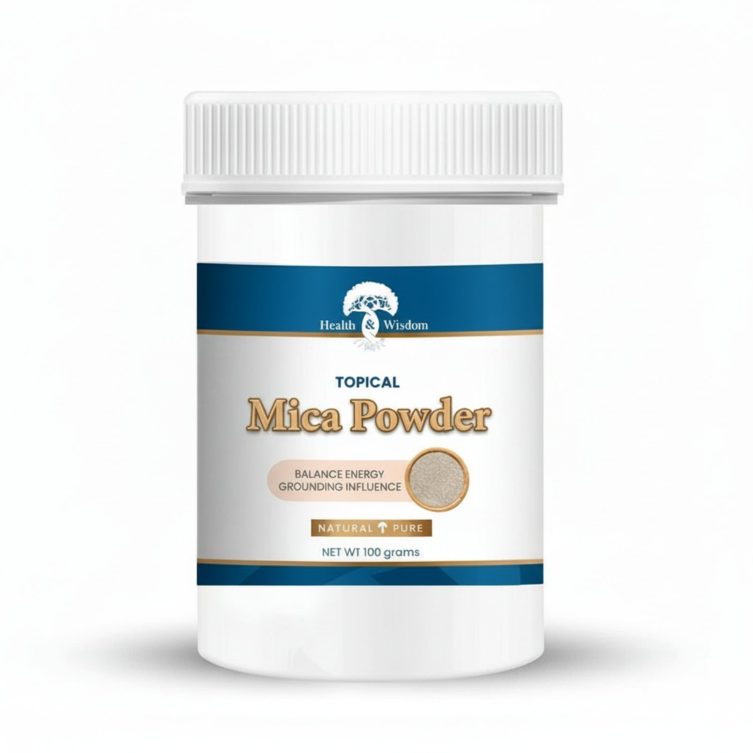 Container of Health & Wisdom Topical Mica Powder 100g  on a white background
