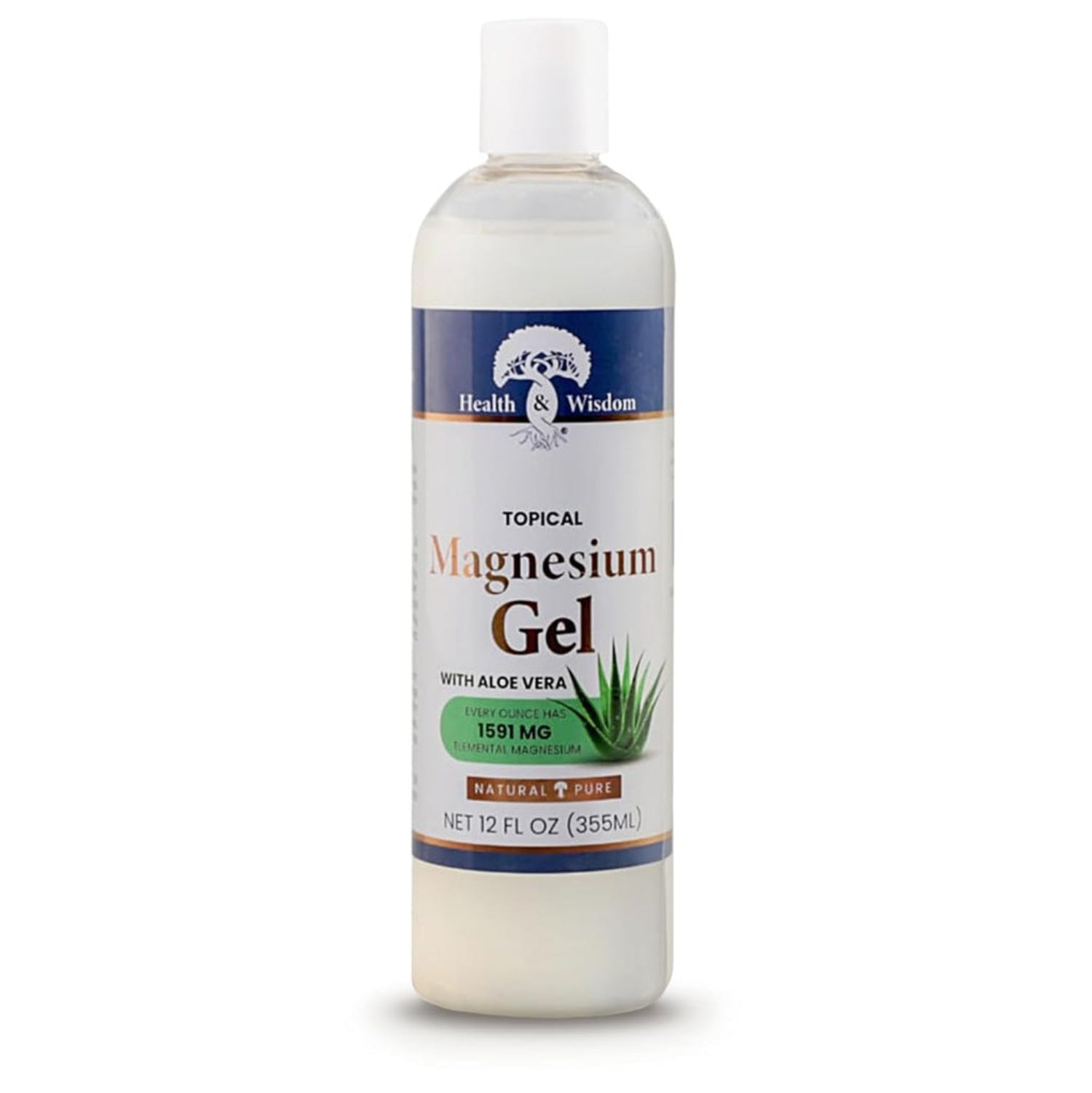 Bottle of Health & Wisdom Magnesium Gel with Aloe Vera 12oz on a white background