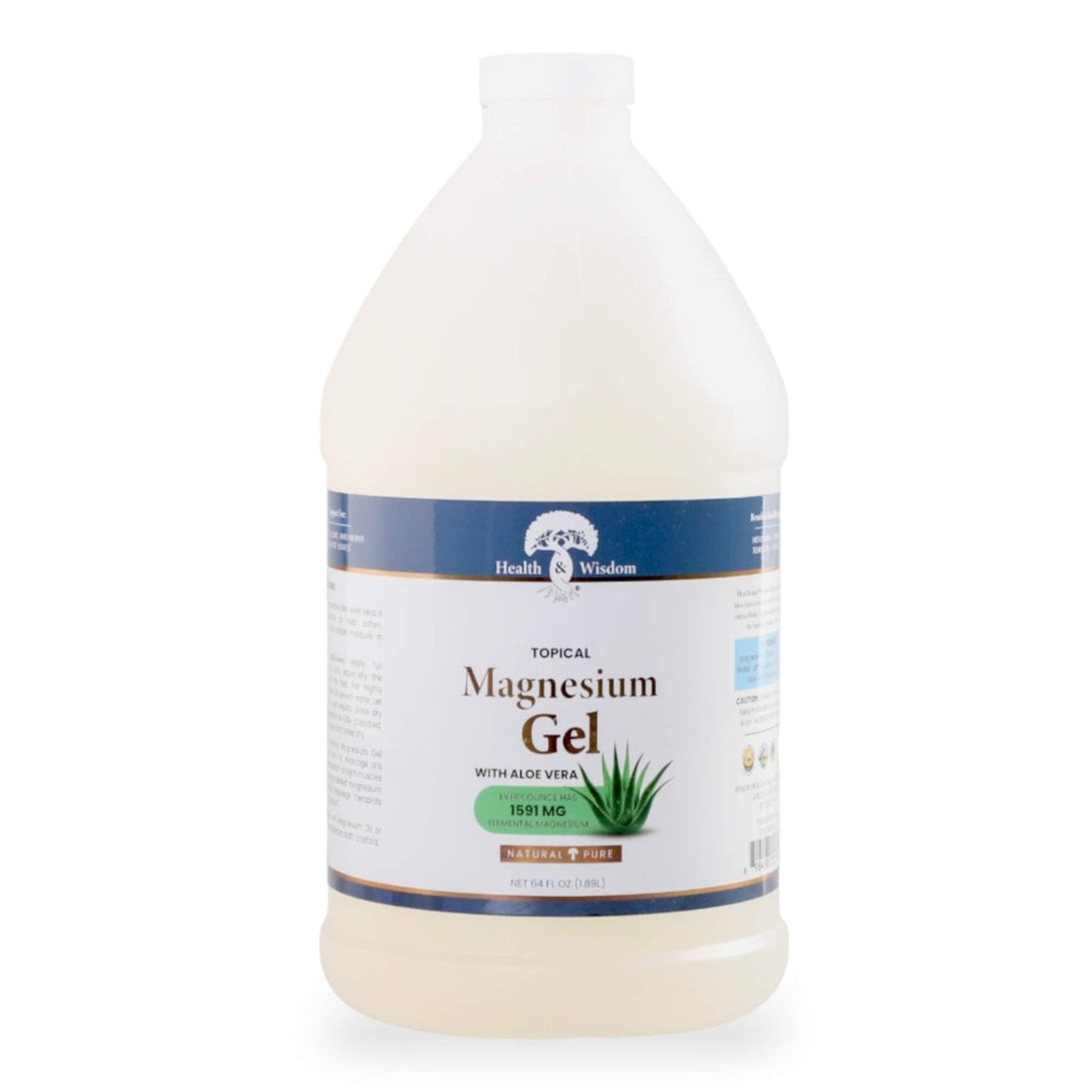 Bottle of Health & Wisdom Topical Magnesium Gel with Aloe Vera 64oz on a white background