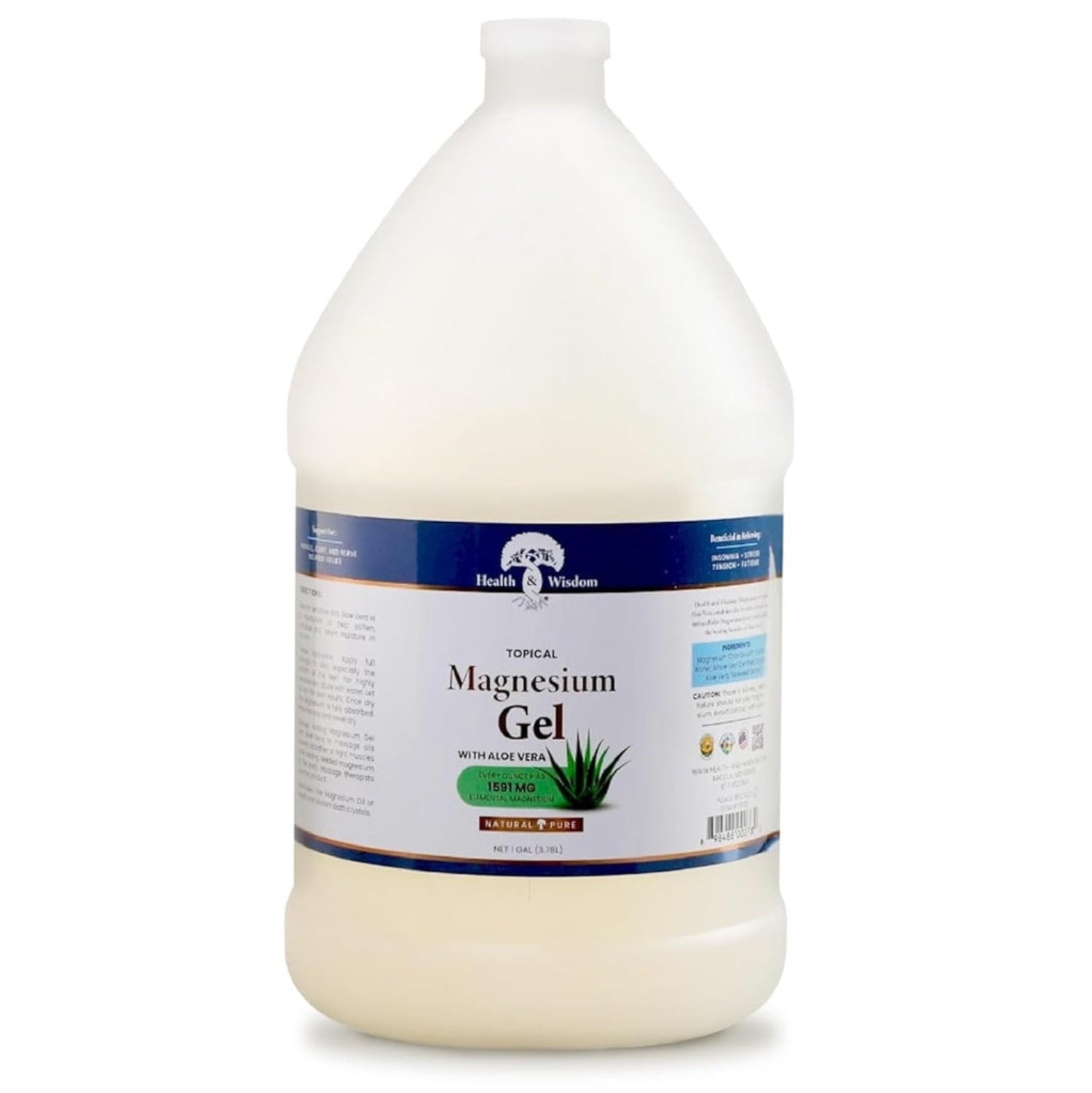Gallon container of magnesium gel 1 gallon with Health Wisdom label on a white background