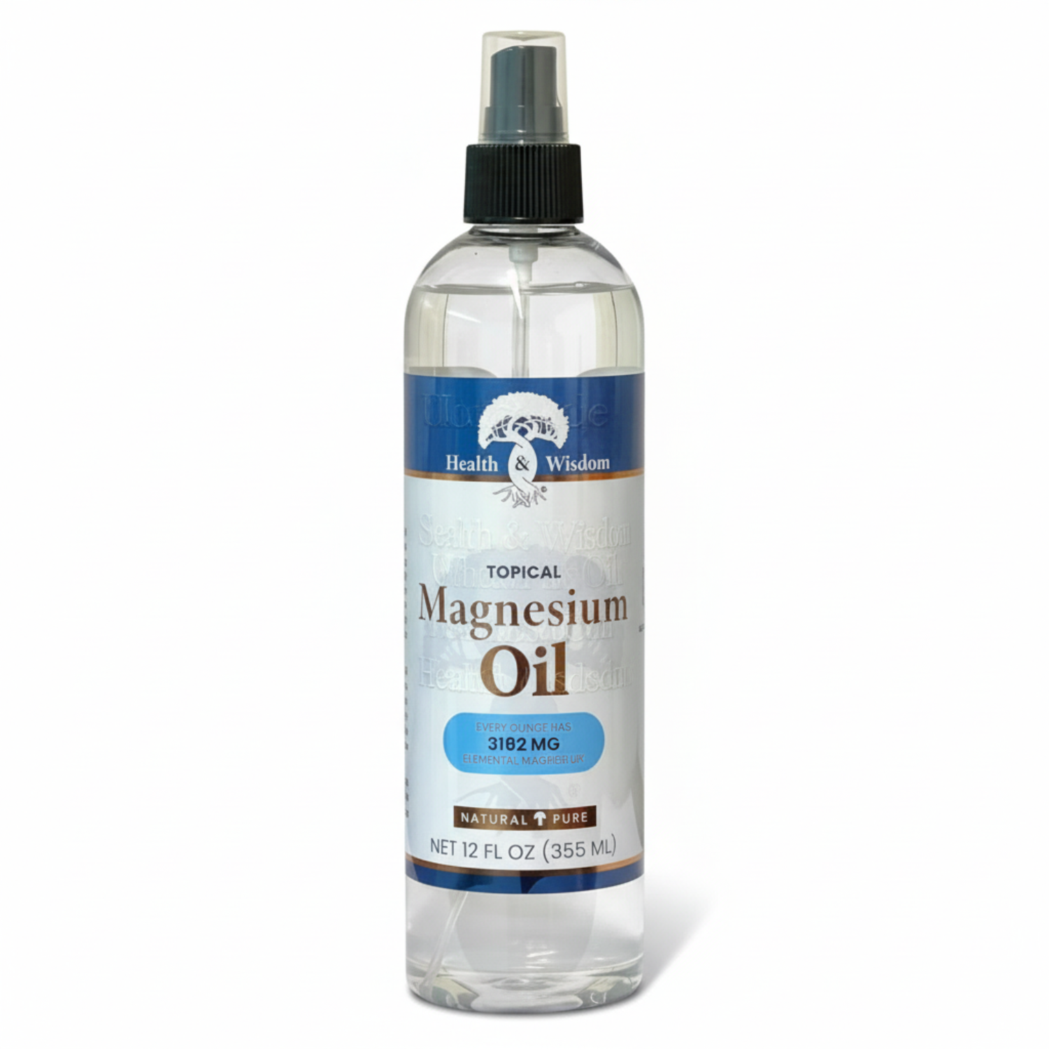 Bottle of Health & Wisdom Topical Magnesium Oil 12oz on a white background