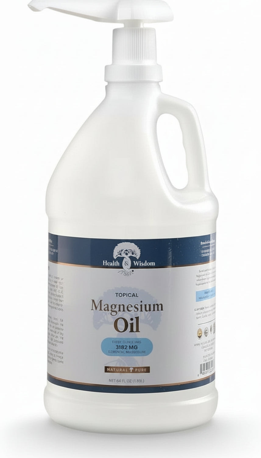 Bottle of Health Wisdom Magnesium Oil 64oz on a white background