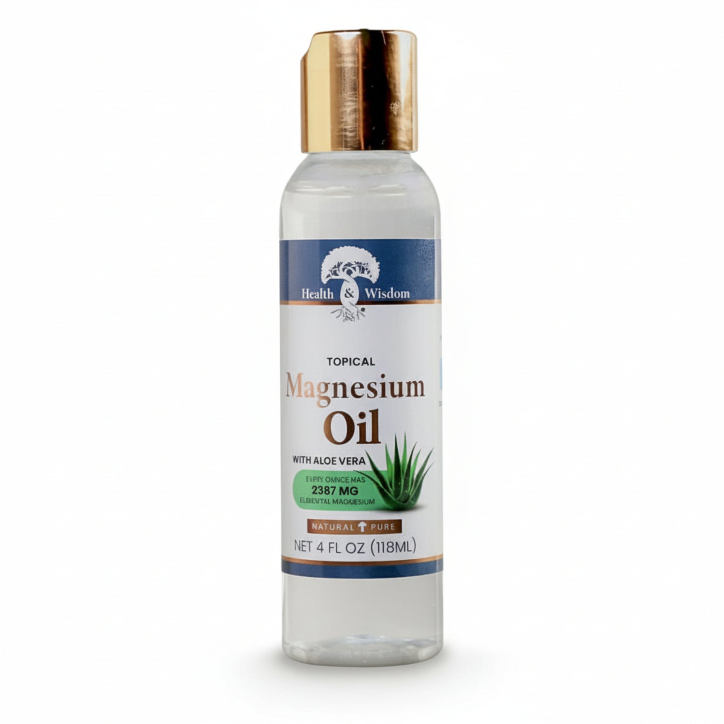 Bottle of Health & Wisdom Topical Magnesium Oil with Aloe Vera 4oz on a white background