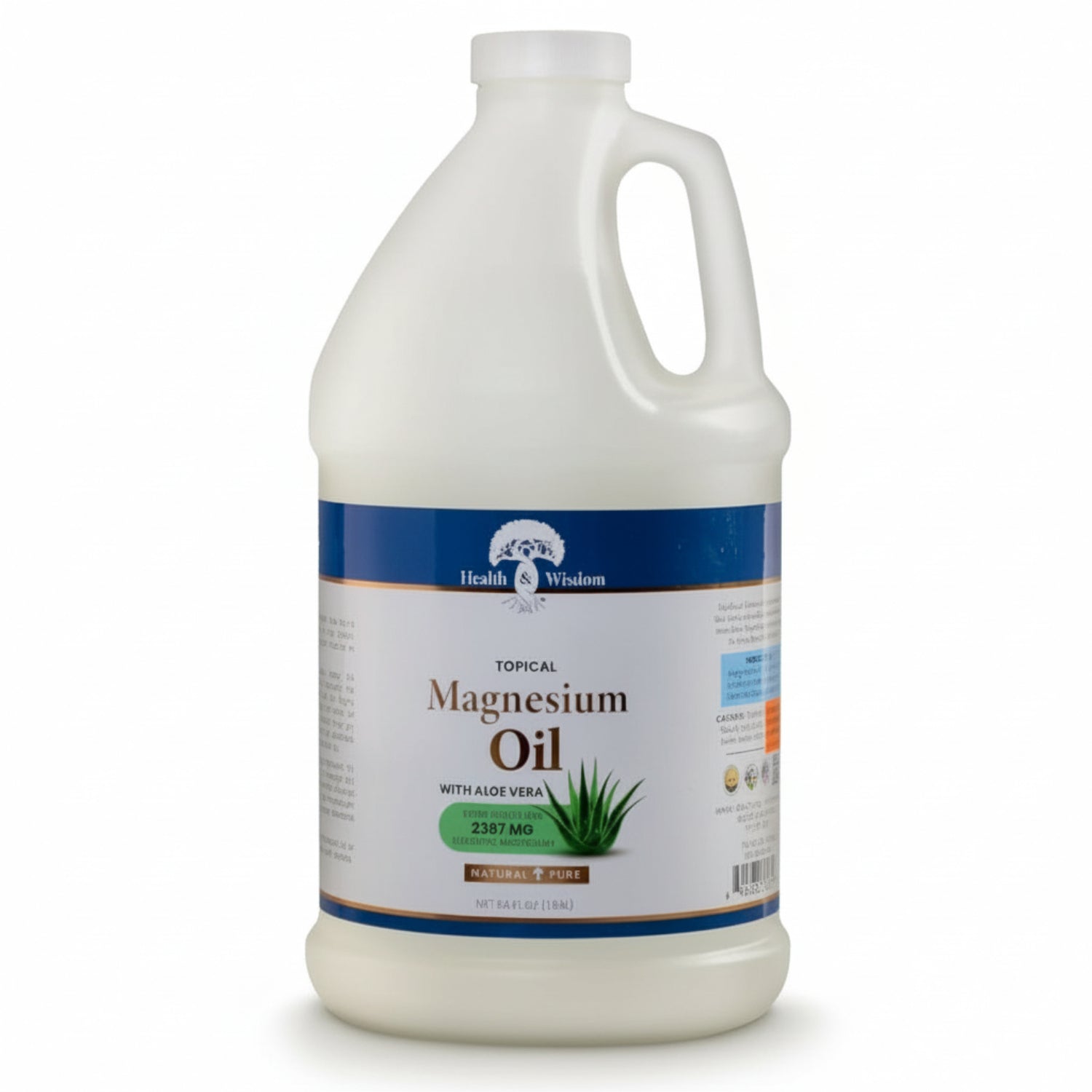 64oz container of Health Wisdom Magnesium Oil with Aloe Vera on a white background