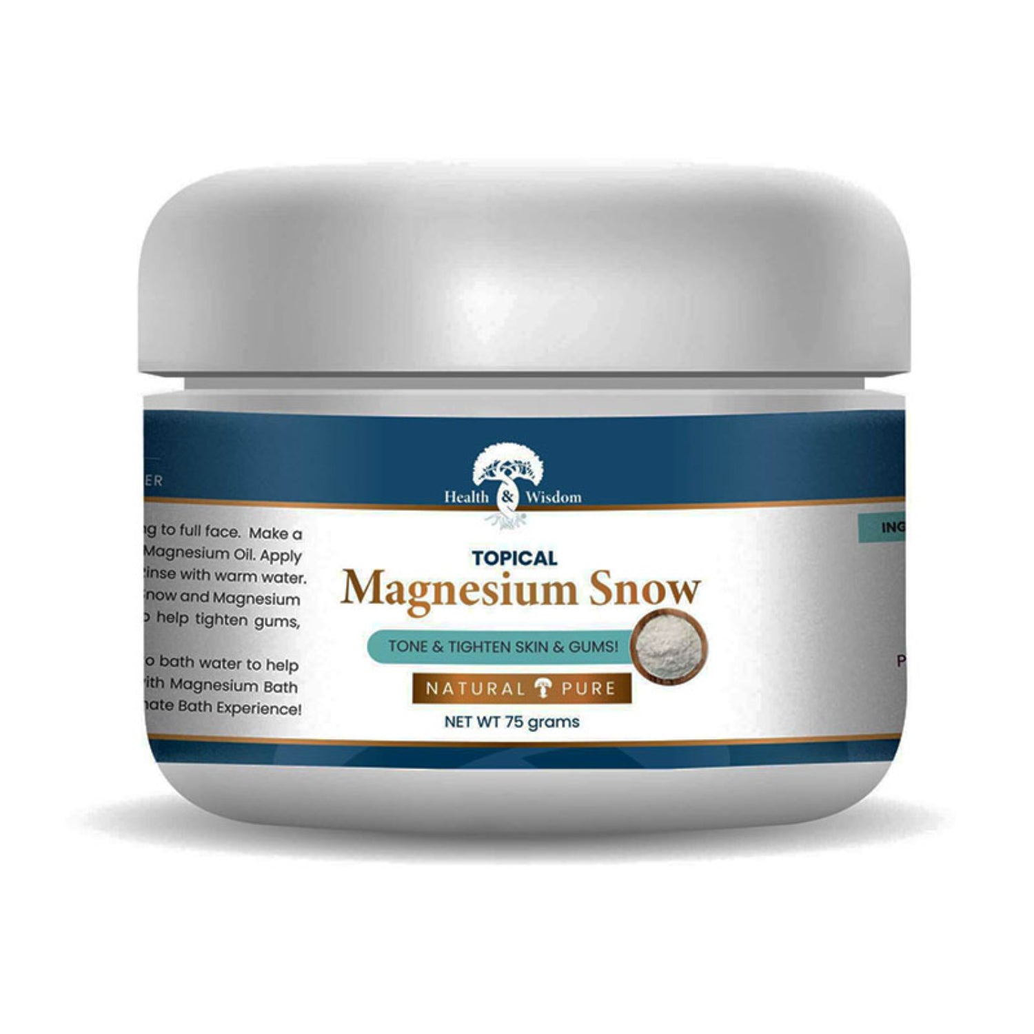 Jar of 'Topical Magnesium Snow' by Health & Wisdom on a white background