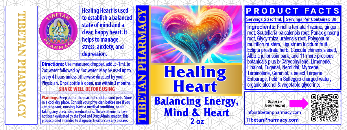Healing Heart for Cardiovascular and Emotional Support herbal tonic label with vibrant heart design and product details.