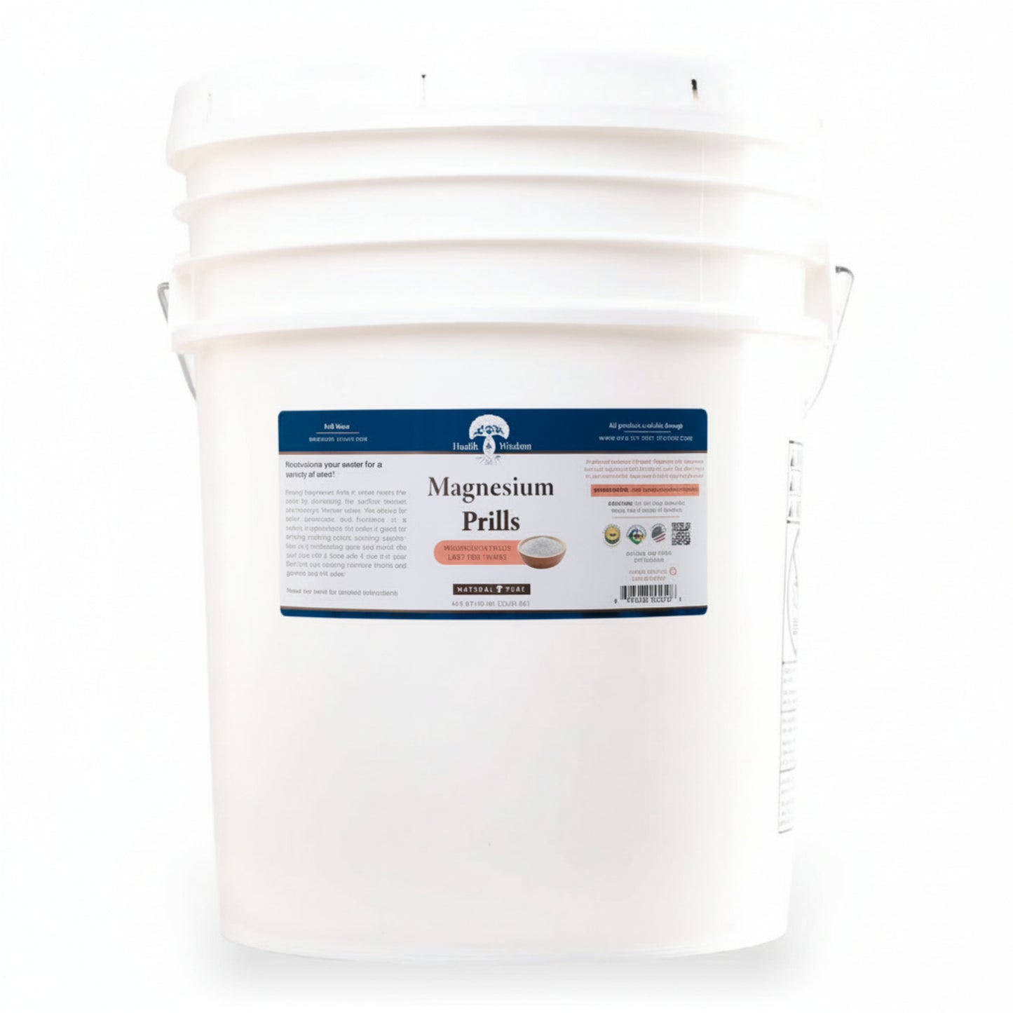 White bucket labeled 'Magnesium Prills' on a white background