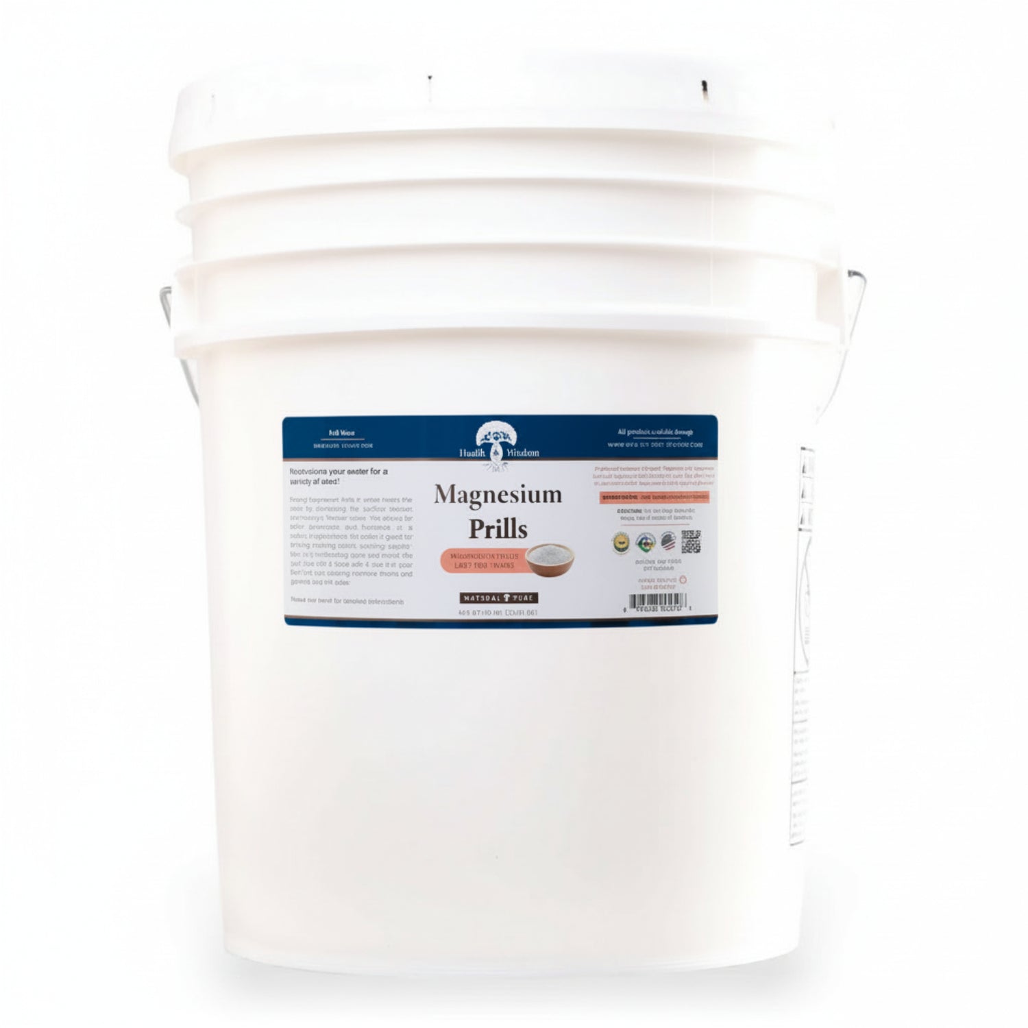 White bucket labeled 'Magnesium Prills' on a white background