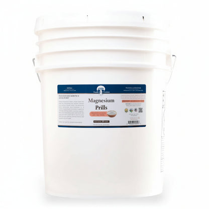 White bucket labeled 'Magnesium Prills' on a white background