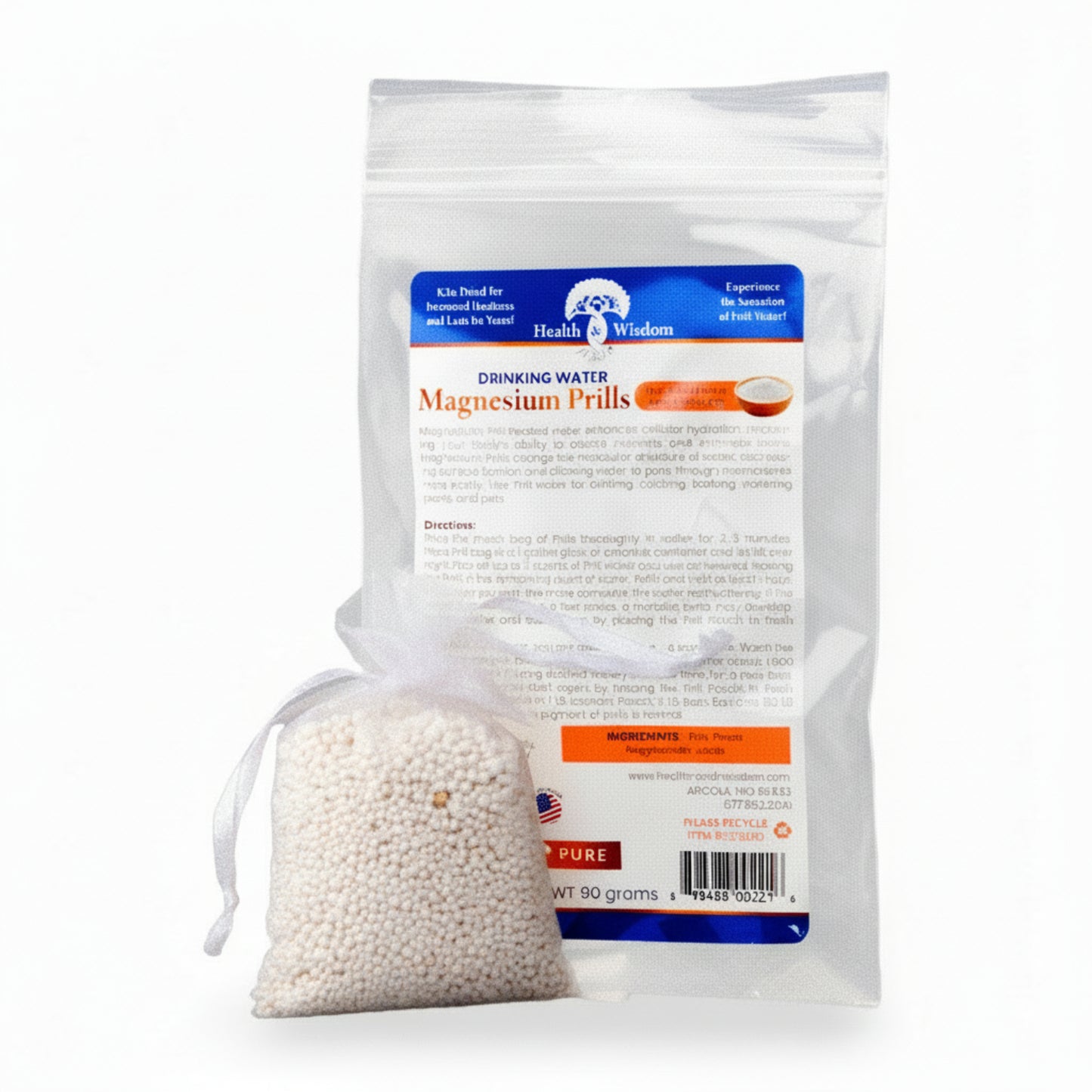 Bag of Health Wisdom Magnesium Prills 90g with visible label on a white background