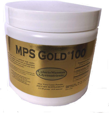 MPS Gold 100 dietary supplement in a white container with a gold label, containing 122.20 grams of aloe vera powder.