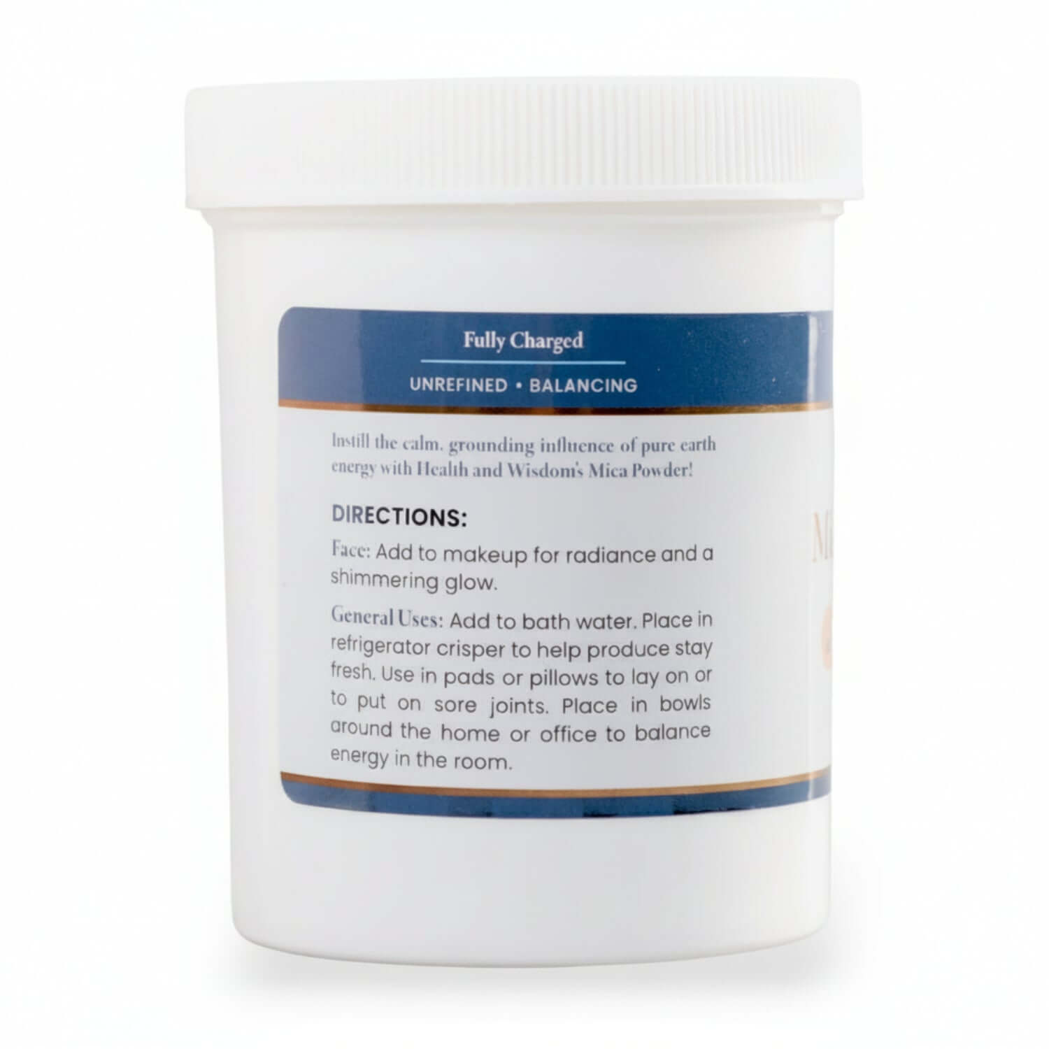 Mica Powder container for Skin Hydration Mineral use in skincare and home energy balancing with directions on the label.