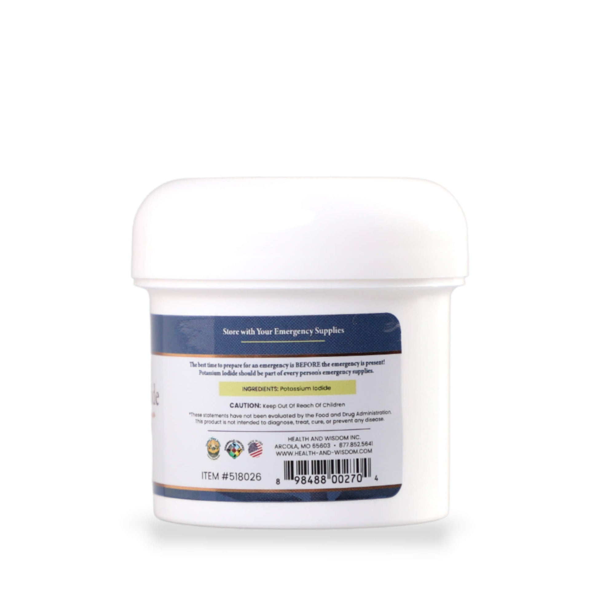 Potassium Iodide White container with a blue label on a white background