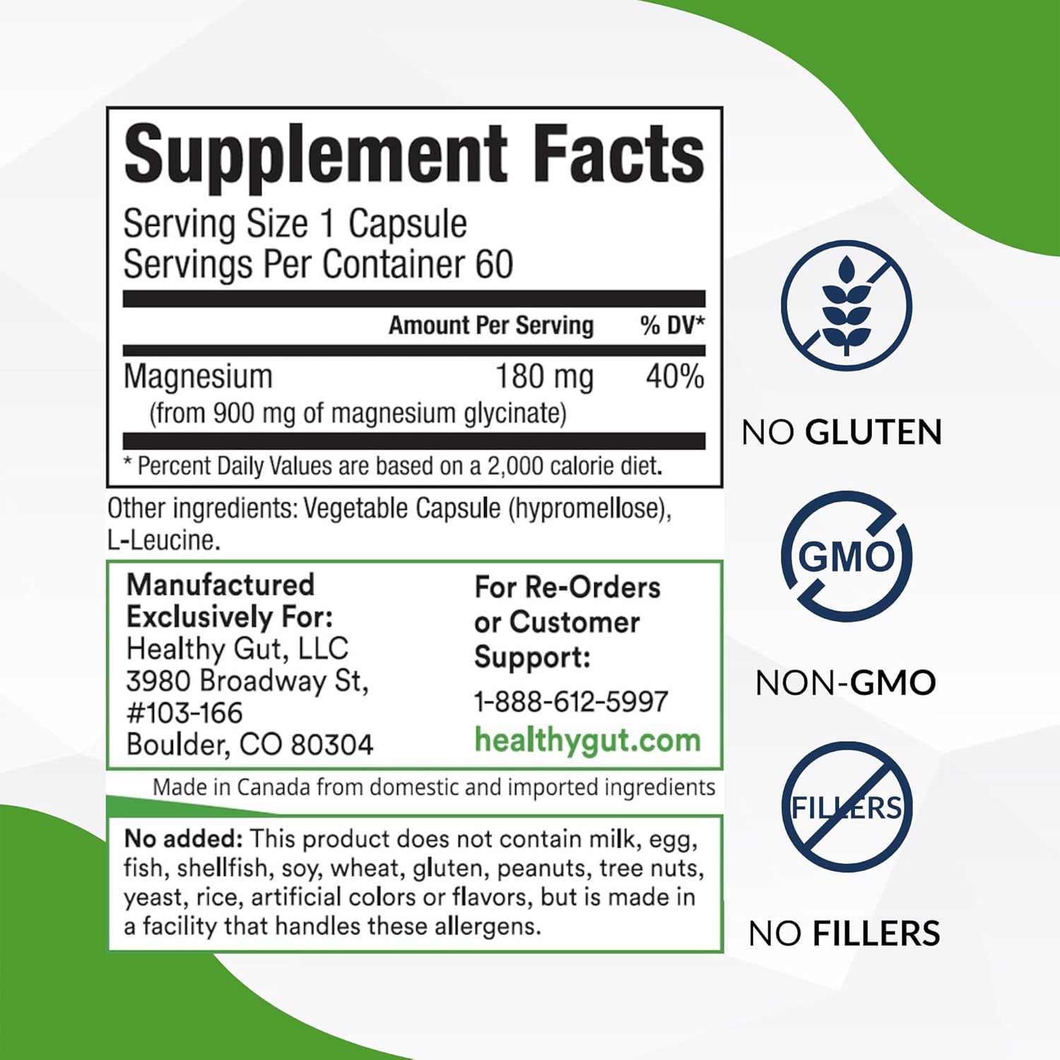 Supplement label with details on magnesium content, manufacturing information, and allergen statements.