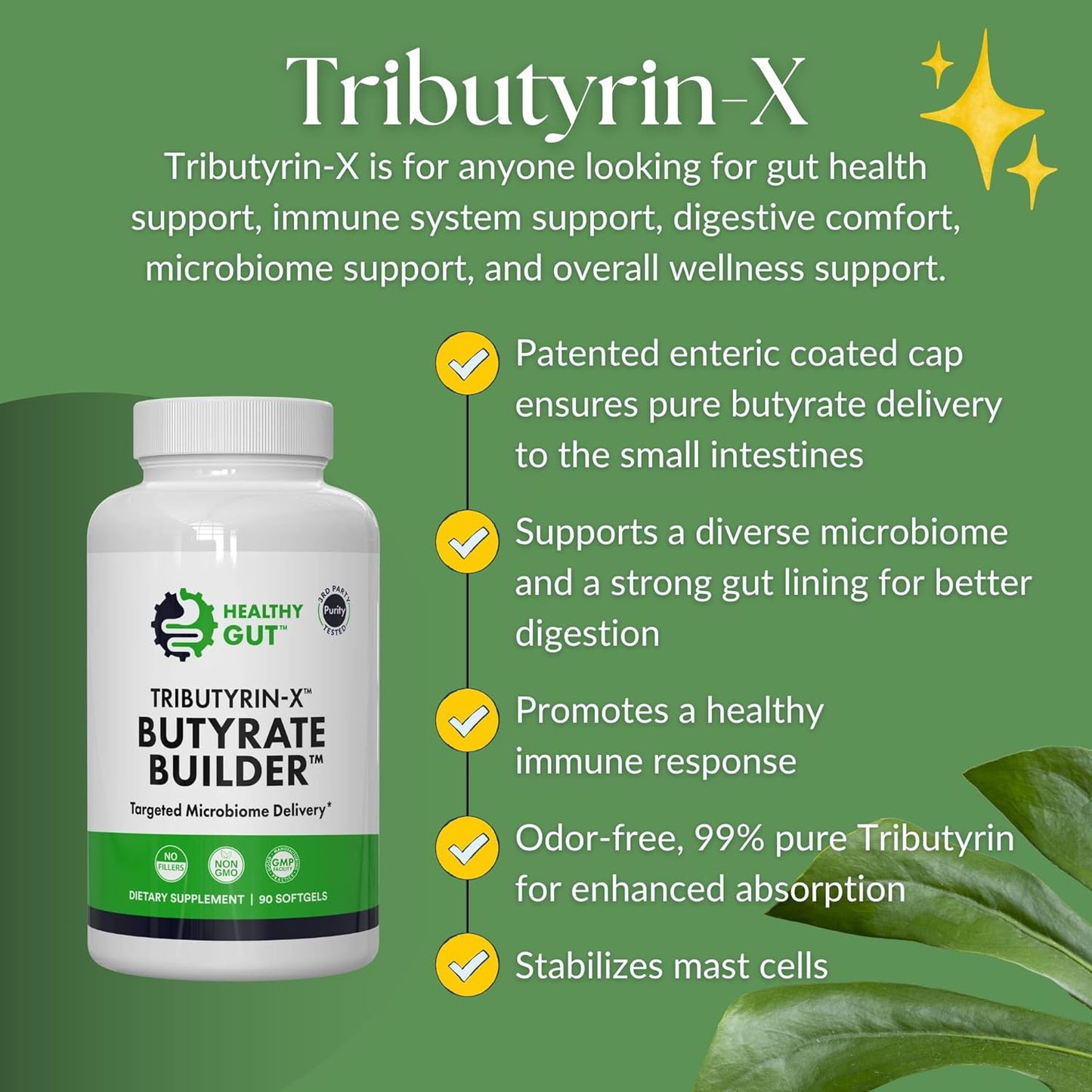 Tributyrin-X supplement bottle with green background and product features listed.