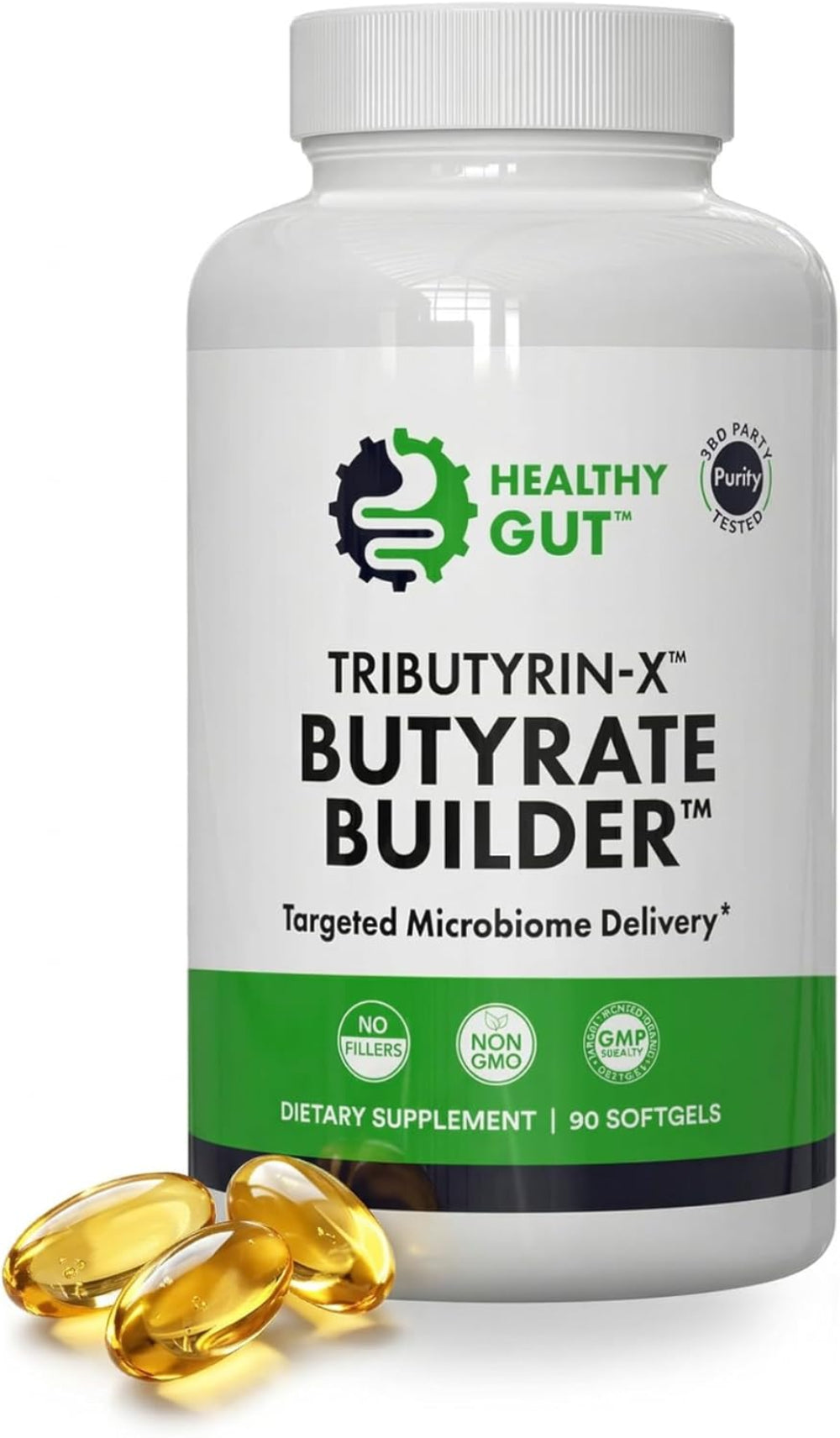 Supplement bottle labeled 'Butyrate Builder' by Healthy Gut on a white background