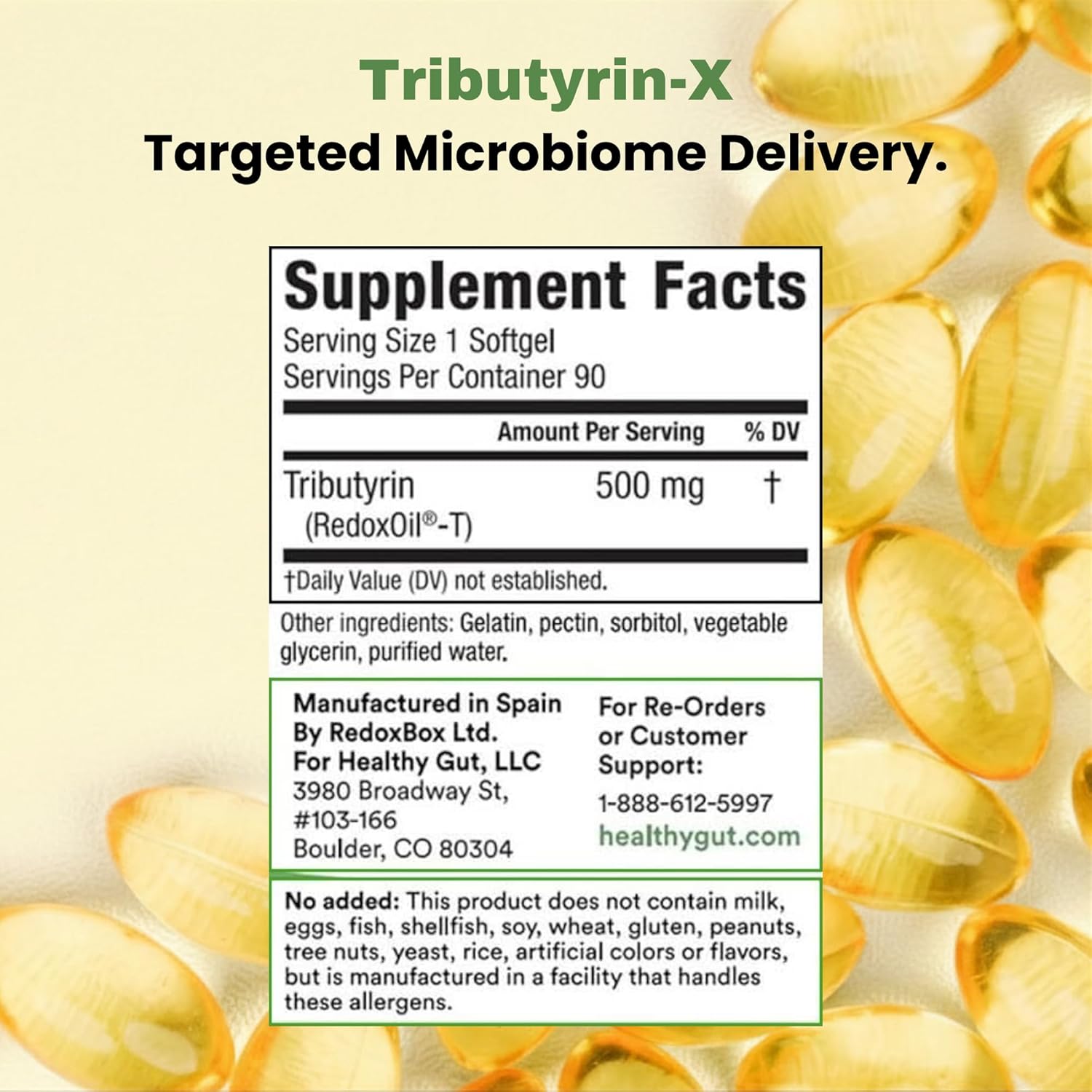 Supplement label for Tributyrin-X with targeted microbiome delivery on a beige background.