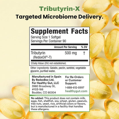 Supplement label for Tributyrin-X with targeted microbiome delivery on a beige background.