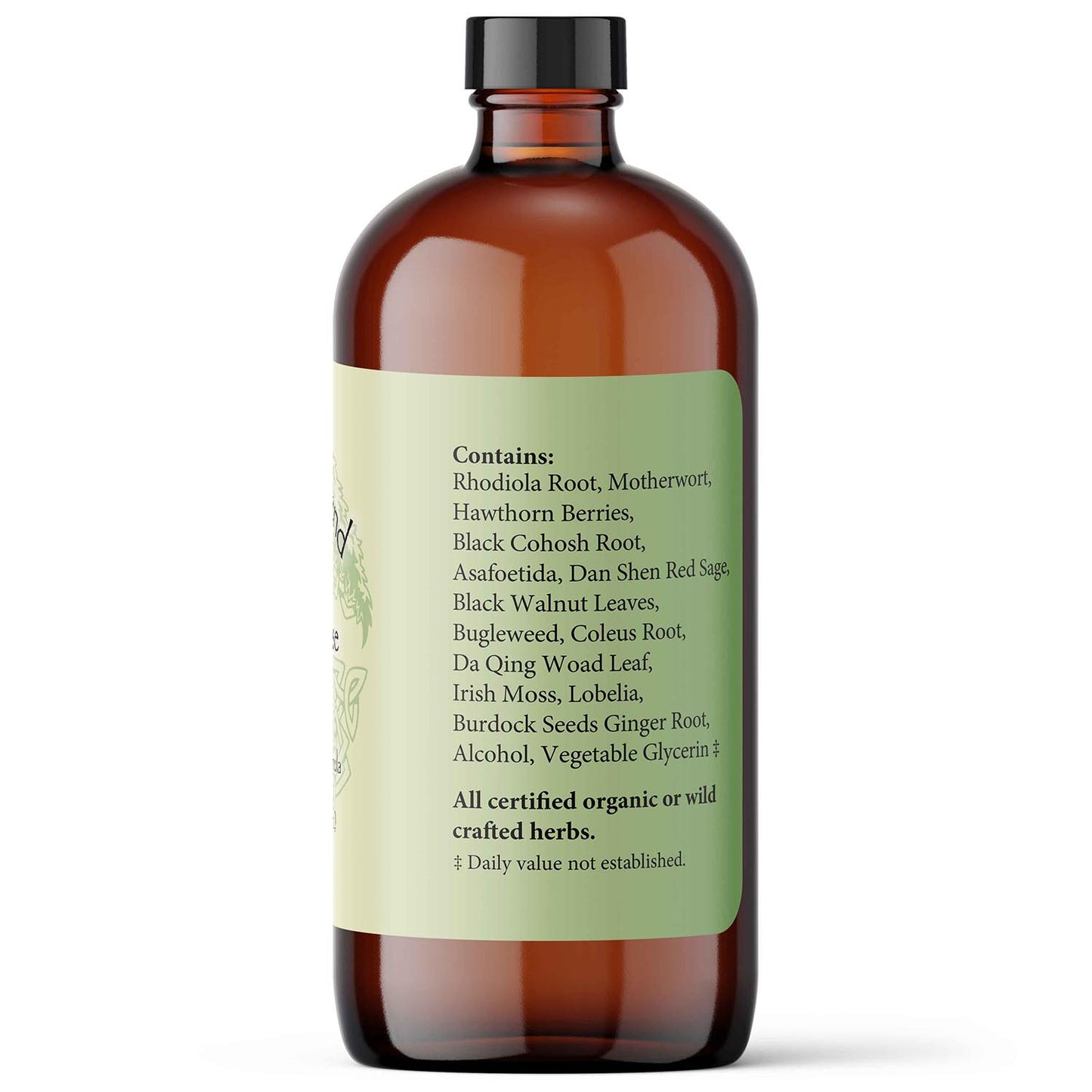 Brown glass bottle with a label on a white background