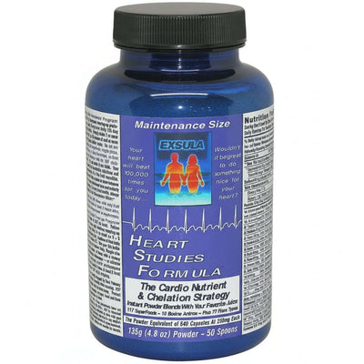 Exsula Heart Studies Formula bottle for heart health superfood with detailed nutrition label.