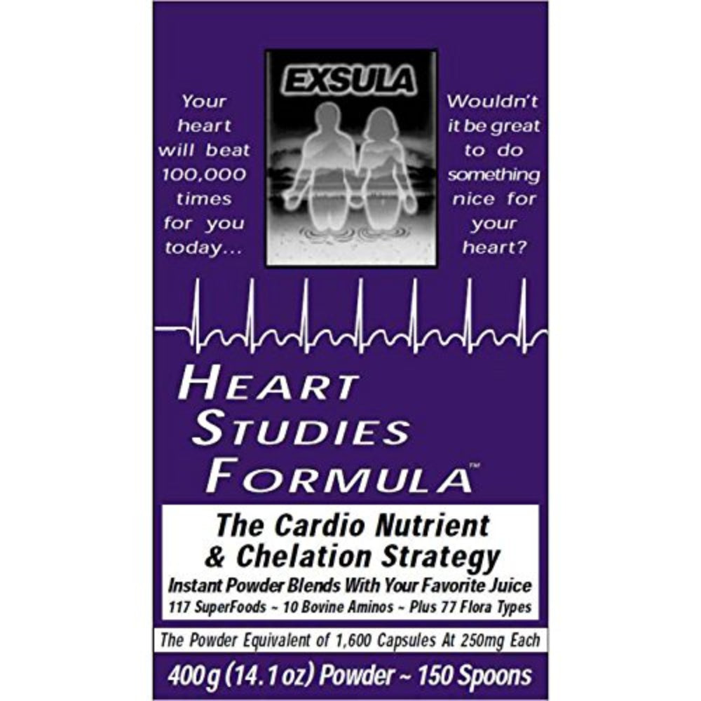 Heart Studies Formula label featuring purple background, product details, and nutritional information for 400g powder.