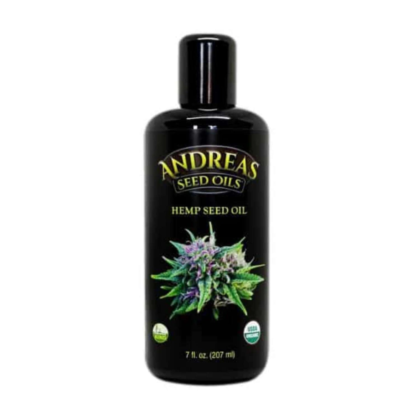 Andreas Seed Oils Hemp Seed Oil bottle, featuring the Optimum Omega Fatty Acid Ratio for healthy balance.