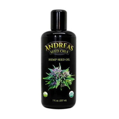 Andreas Seed Oils Hemp Seed Oil bottle, featuring the Optimum Omega Fatty Acid Ratio for healthy balance.