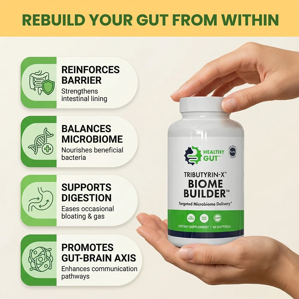 Tributyrin-X - Postbiotic for Digestive Health bottle with benefits highlighted against a green backdrop.