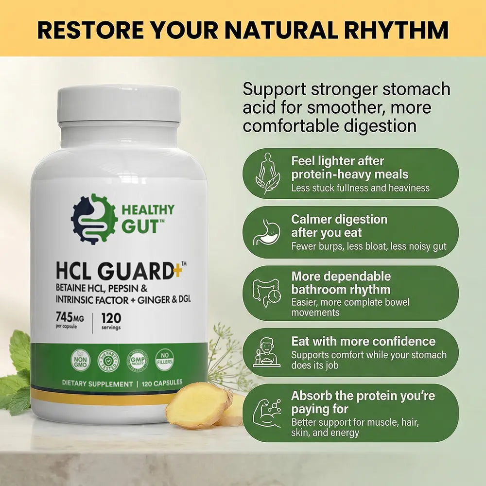 HCL Guard - Betaine HCl and Digestive Enzymes supplement bottle with benefits for better digestion.