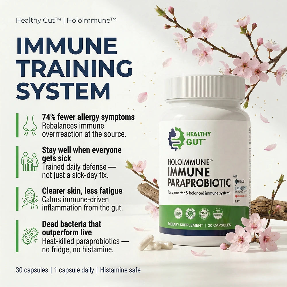 HoloImmune - Adaptogenic ParaProbiotic in a bottle with flowers, promoting balanced immune health and allergy relief.