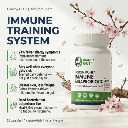 HoloImmune - Adaptogenic ParaProbiotic in a bottle with flowers, promoting balanced immune health and allergy relief.