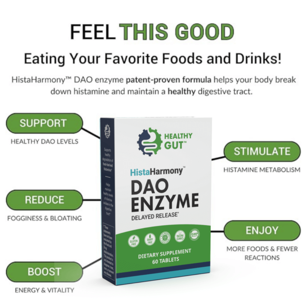 HistaHarmony DAO Enzyme supplement packaging with promotional text on a white background