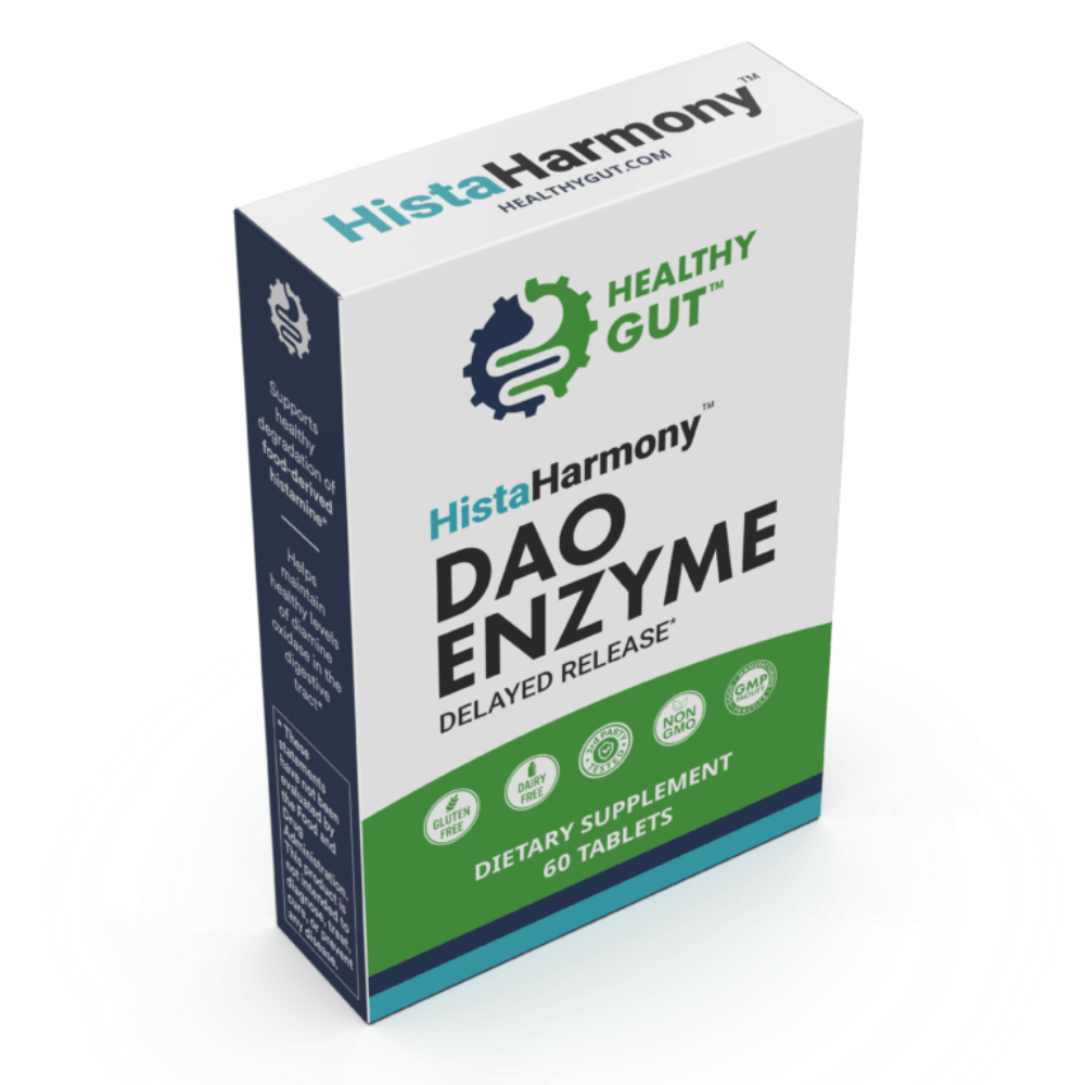 Box of HistaHarmony DAO Enzyme dietary supplement on a white background