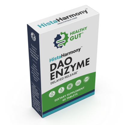 Box of HistaHarmony DAO Enzyme dietary supplement on a white background