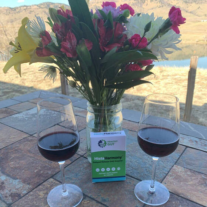 Two wine glasses with red wine, a vase of flowers, and a bottle labeled 'Hista Harmony' on a patio table with a scenic background.