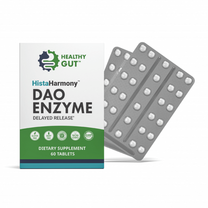 HistaHarmony DAO Enzyme dietary supplement packaging with tablets on a white background
