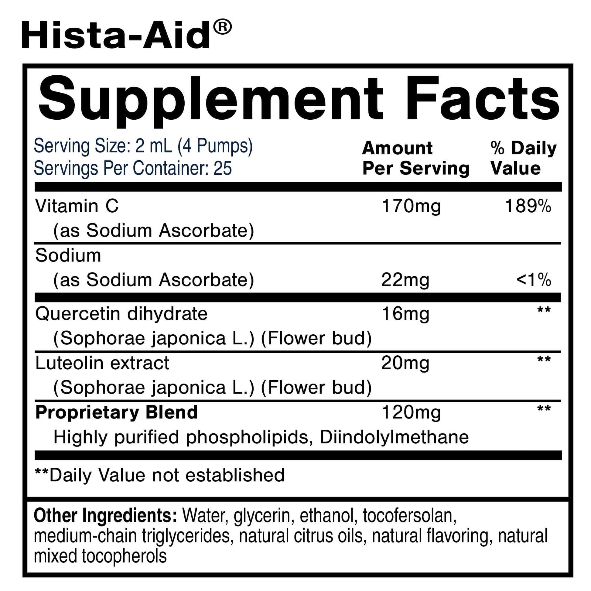 Hista-Aid supplement facts label highlighting support for histamine intolerance ingredients and nutritional information.