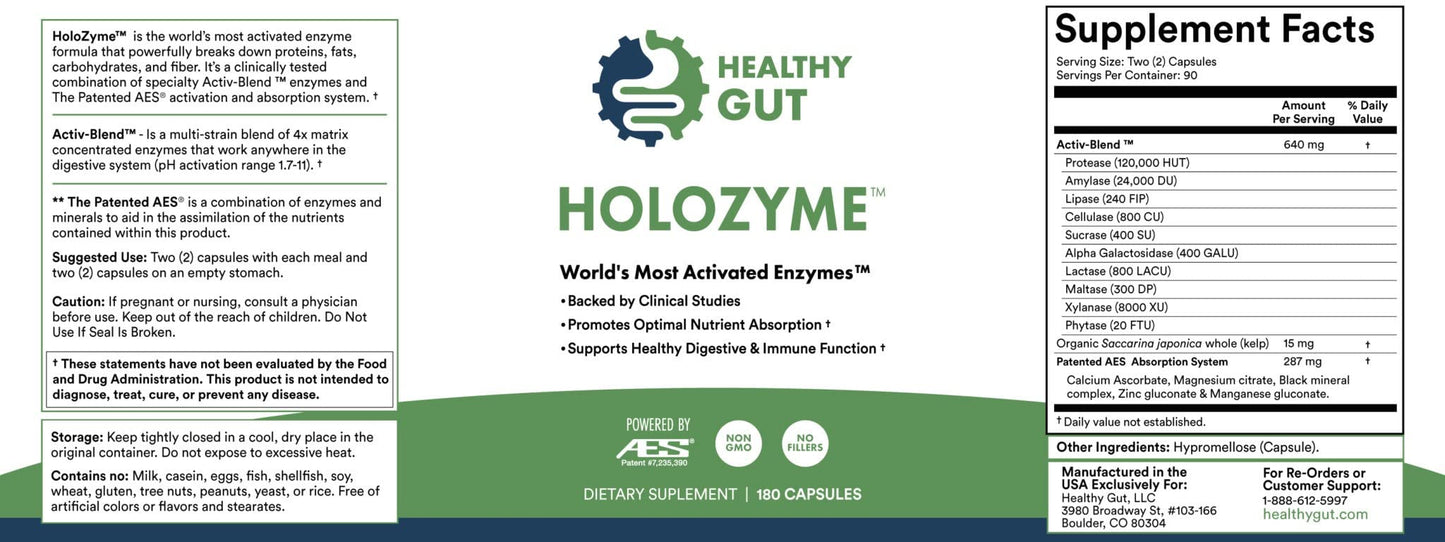 Holozyme Healthy Gut supplement label with text and logo